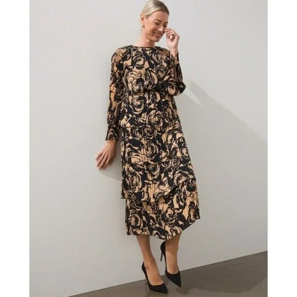 💕CHICO'S BLACK LABEL💕 Tiered Pleated Dress Abstract Floral Neutral Combo NWOT - Picture 1 of 3